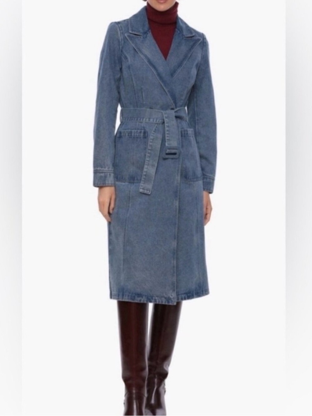 NWOT House of Harlow 1960 Double Breasted Denim Blue Belted Trench Coat Size M